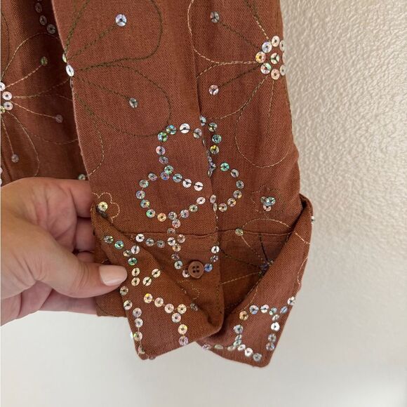 Roper Sequin Daisy Floral Brown Country Western Button Down Shirt Sparkle Size L - Picture 5 of 10